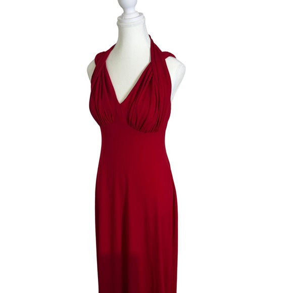winter wedding guest Red Halter V Neck Empire Waist Maxi Dress Women's Size 6 - Picture 4 of 6